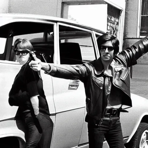 Prompt: detective in leather jacket next to car, pointing a pistol, in 1970s Los Angeles street, photograph