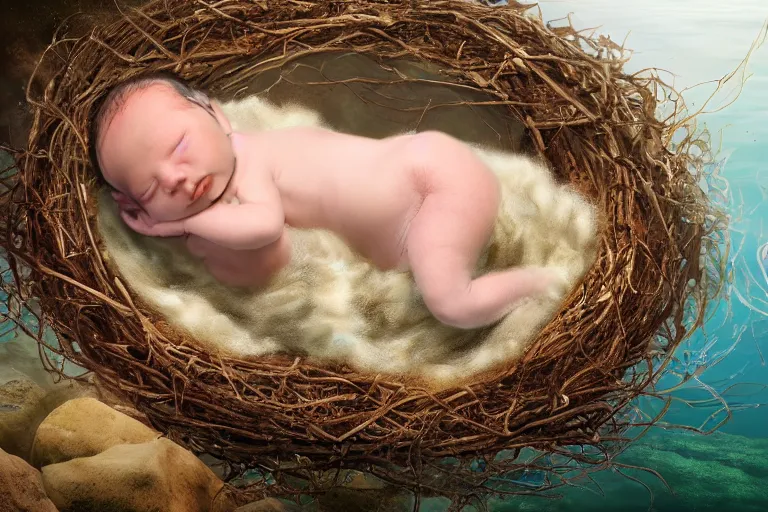Image similar to a baby mermaid laying in a nest under the ocean, photography, concept art, digital art, trending on artstation, 4 k, extremely detailed, realistic, photorealistic, anne geddes