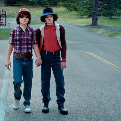 Prompt: Jeffery star in stranger things holding hands with mike