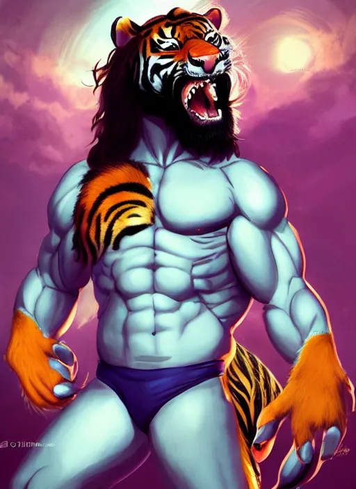 Prompt: character portrait of a male anthro Tiger fursona dressed like Macho Man Randy Savage in a futuristic wrestling ring. Character design by charlie bowater, ross tran, artgerm, and makoto shinkai, detailed, inked, western comic book art