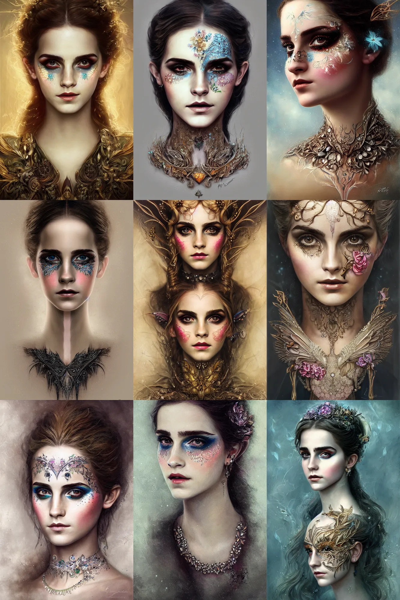 Prompt: portrait of fairy, symmetric, facepaint facepaint facepaint, intricate jewelry, trending on artstation 4 k, high quality, in the style of karol bak and tom bagshaw, bust with face of emma watson