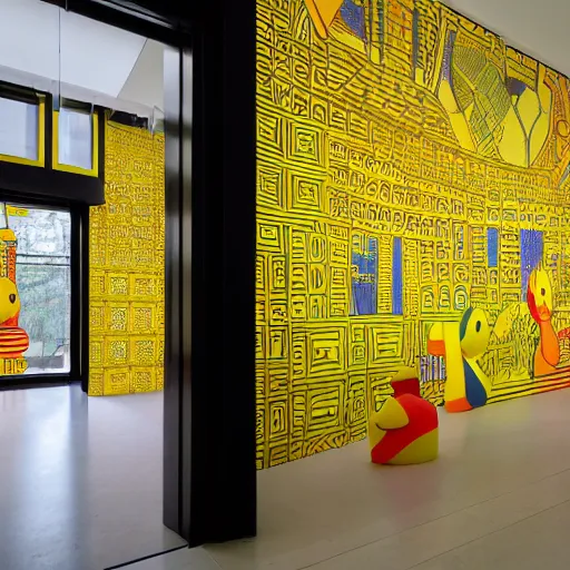 Image similar to wide shot, one photorealistic rubber duck in foreground on a pedestal in an art gallery, the walls are covered with colorful geometric wall paintings in the style of sol lewitt, tall arched stone doorways, through the doorways are more wall paintings in the style of sol lewitt.