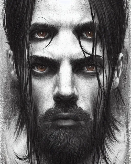 Prompt: portrait of tall, 3 3 - year - old handsome man with long dirty black hair, and grey eyes, wearing black clothes, clear face, hyper realistic face, beautiful eyes, close up, fantasy art, in the style of greg rutkowski, intricate, alphonse mucha, hyper detailed, smooth