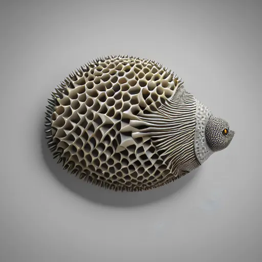 Image similar to : puffer fish pattern sculpture art on the wall in modern architecture studio, cinematic lighting, hyper - realistic, detailed, render by c 4 d octane, unreal engine, 8 k 3 d render