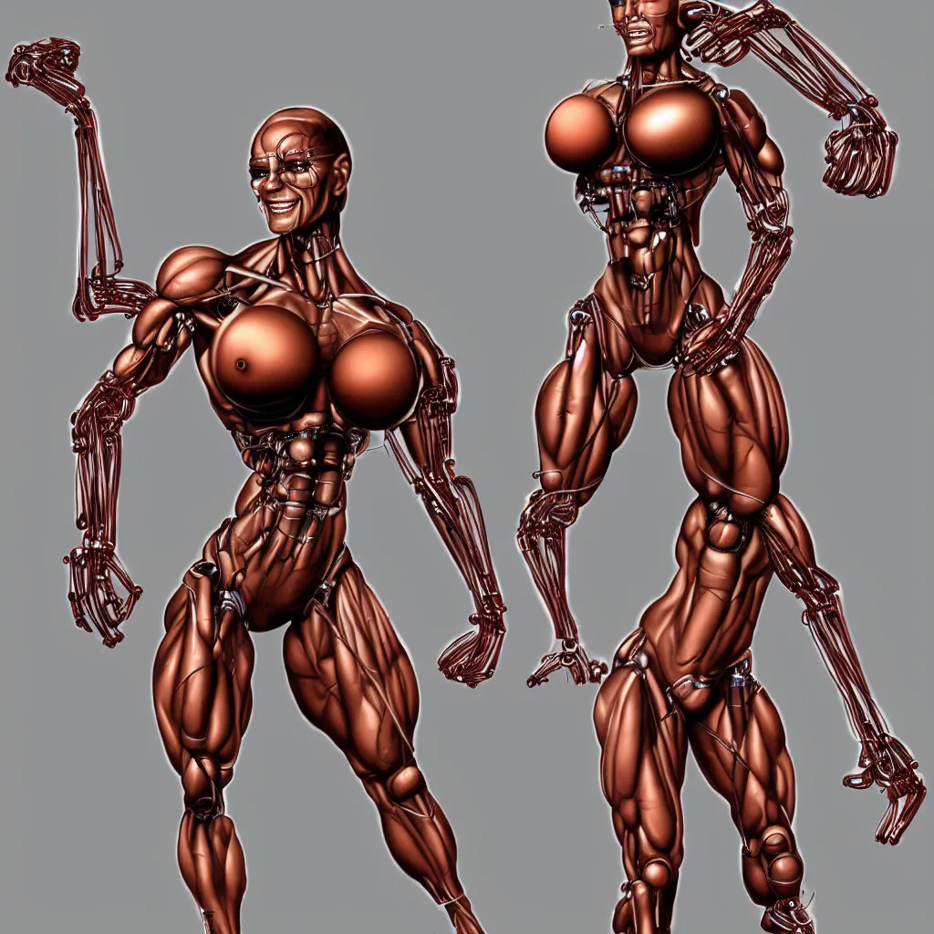 Image similar to character design, bodybuilder female terminator, open mechanical, electronics, veins, cables, rust, sparks