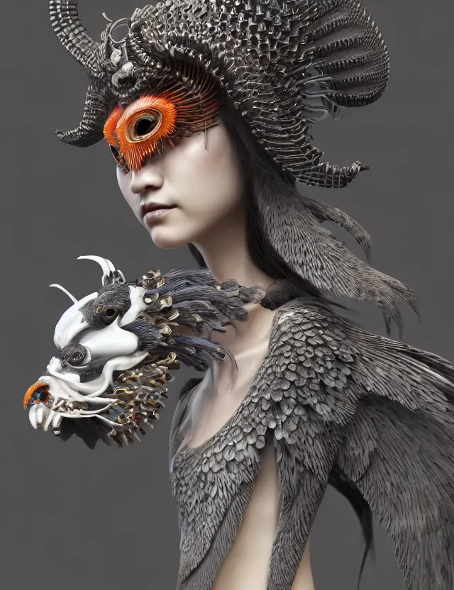 Image similar to 3 d scene of interior modelling goddess close - up profile portrait with ram skull. beautiful intricately detailed japanese crow kitsune mask and clasical japanese kimono. betta fish, jellyfish phoenix, bio luminescent, plasma, ice, water, wind, creature, artwork by tooth wu and wlop and beeple and greg rutkowski