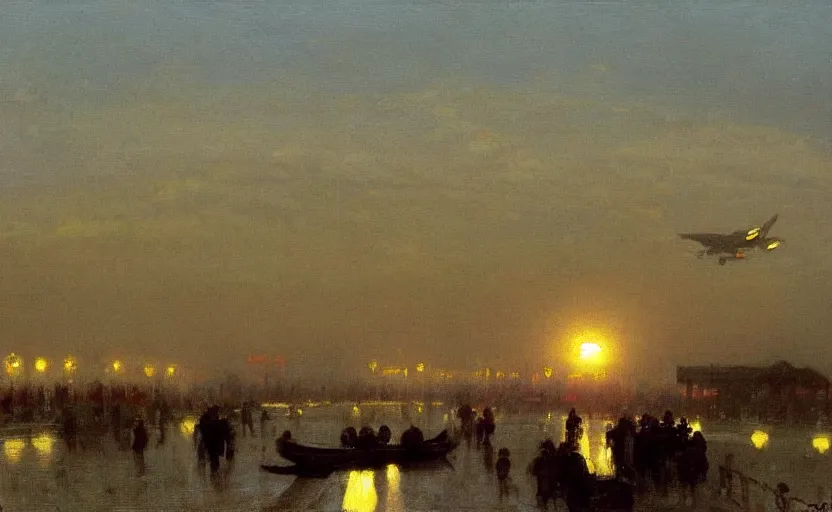 Image similar to high quality high detail painting by ilya repin, dawn, plane landing in the airport, hd