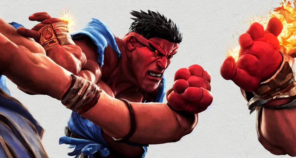 Image similar to Epic dramatic cinematic close-up character shot of a man pit against his mortal enemy in a thumb war for the fate of cosmic reality. Digital art. Street Fighter V game concept art.