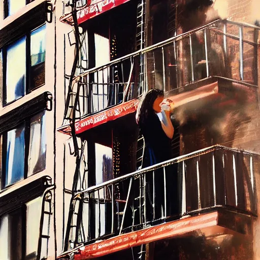 Image similar to “ a girl holding a cup of coffee sitting on a fire escape overlooking the east village in new york city, morning light, by daniel gerhartz ”