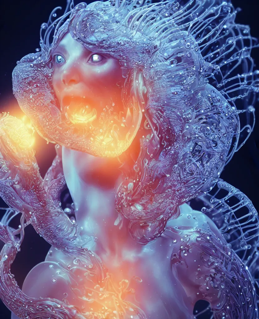 Image similar to close-up macro portrait of the face of a beautiful princess, epic angle and pose, symmetrical artwork, 3d with depth of field, blurred background, cybernetic jellyfish female face skull phoenix bird, translucent, nautilus, energy flows of water and fire. a highly detailed epic cinematic concept art CG render. made in Maya, Blender and Photoshop, octane render, excellent composition, cinematic dystopian brutalist atmosphere, dynamic dramatic cinematic lighting, aesthetic, very inspirational, arthouse. y Greg Rutkowski, Ilya Kuvshinov, WLOP, Stanley Artgerm Lau, Ruan Jia and Fenghua Zhong