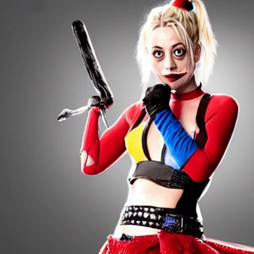 Image similar to A still of Kaley Cuoco as Harley Quinn