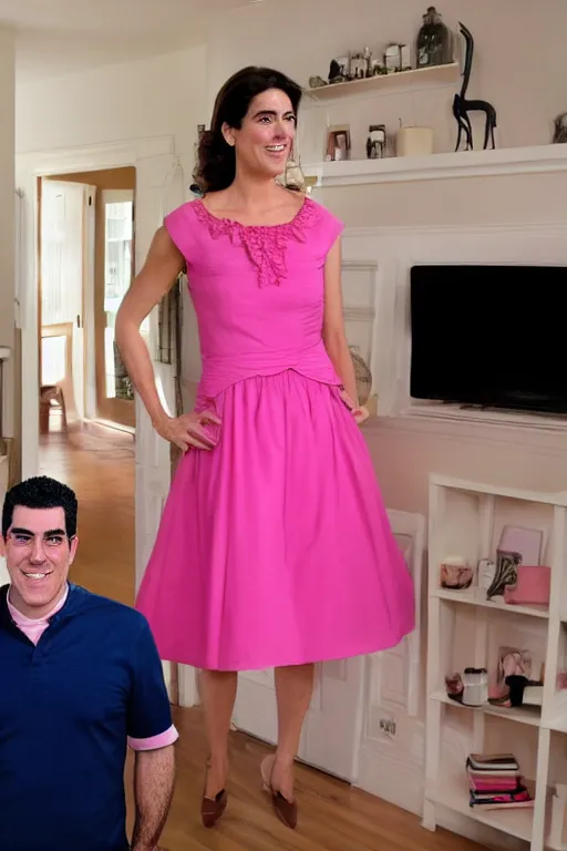 Prompt: a photo of adam carolla wearing a pretty pink dress, still from hgtv