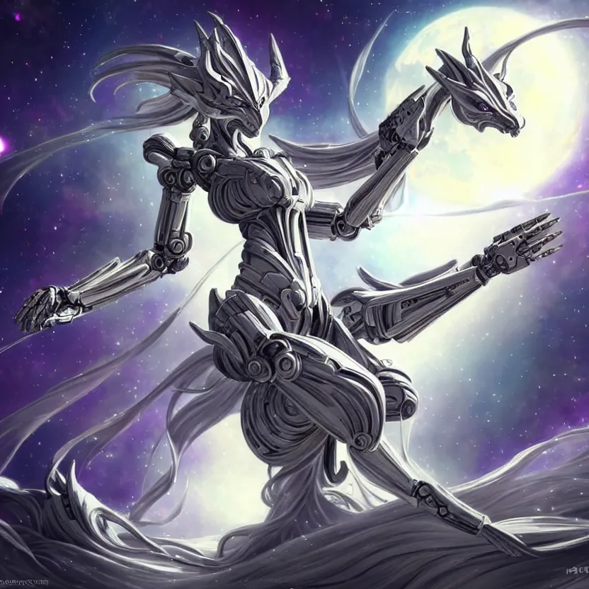 Image similar to goddess shot, galactic sized stunning beautiful anthropomorphic robot mecha female dragon, in space, larger than planets, posing elegantly, the earth a mere marble in her claws, detailed silver armor, epic proportions, epic scale, detailed digital art, ultra detailed, furry art, macro art, dragon art, giantess, warframe fanart, furaffinity, deviantart, realistic