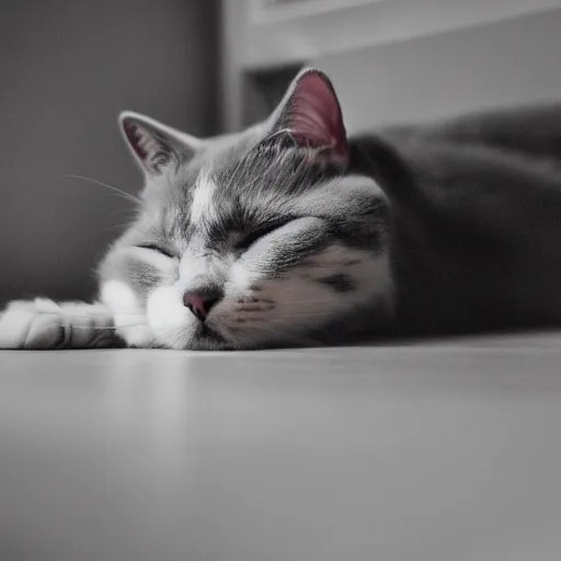 Prompt: gray and white cat sleeping on the hardwood floor, fluffy, dimly lit room