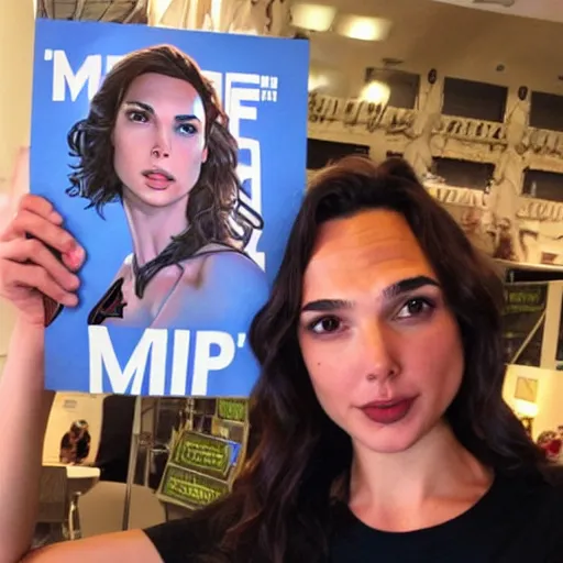 Image similar to Gal Gadot holding a sign that says M I T C H I E P O O !!!! as painted by Ralph Horsley