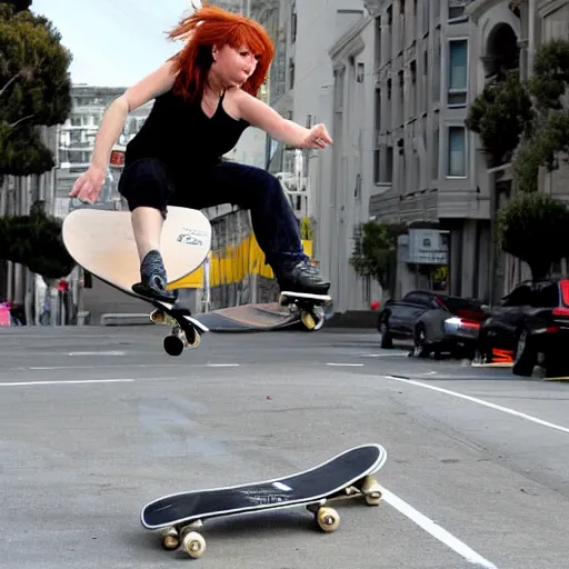 Image similar to tori amos pulls an amazing kick flip on her skateboard in san francisco, stunning sports photography