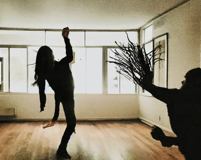 Image similar to transparent horror spirit attacks in living room interior photos shot on iphone, dynamic fight pose, full body shot, sharp focus, grainy, corpse, paranormal flashlight, deep night,