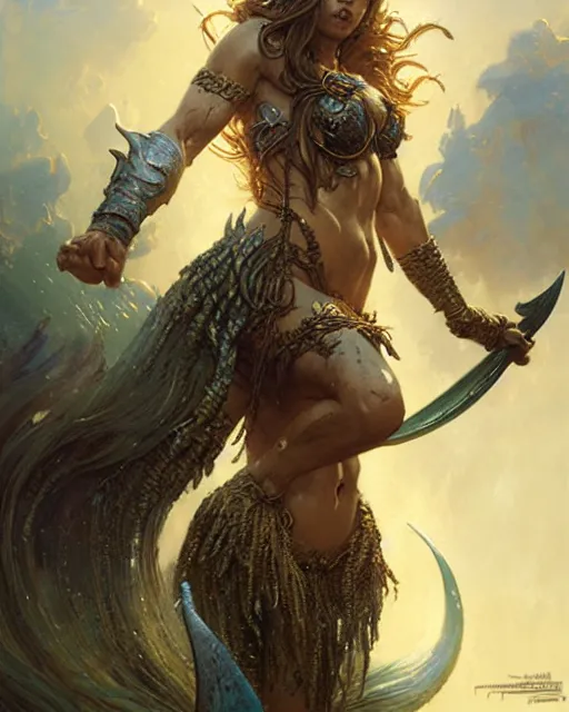 Image similar to a fierce mermaid warrior, fantasy character portrait, ultra realistic, concept art, intricate details, highly detailed by greg rutkowski, gaston bussiere, craig mullins, simon bisley