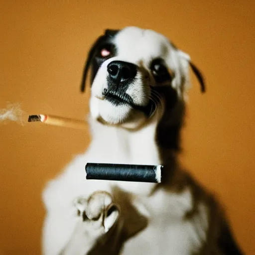 Image similar to photograph of a dog holding a cigarette in its mouth, smoking