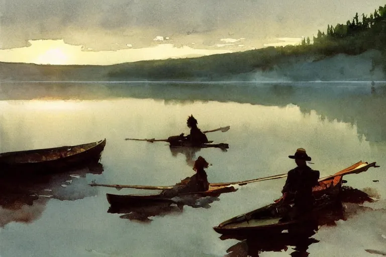 Prompt: watercolor painting of crystal clear summer lake, reflective, dawn, fog, ambient lighting, art by anders zorn and winslow homer, wonderful masterpiece by greg rutkowski, cinematic light, american romanticism by greg manchess, creation by tyler edlin