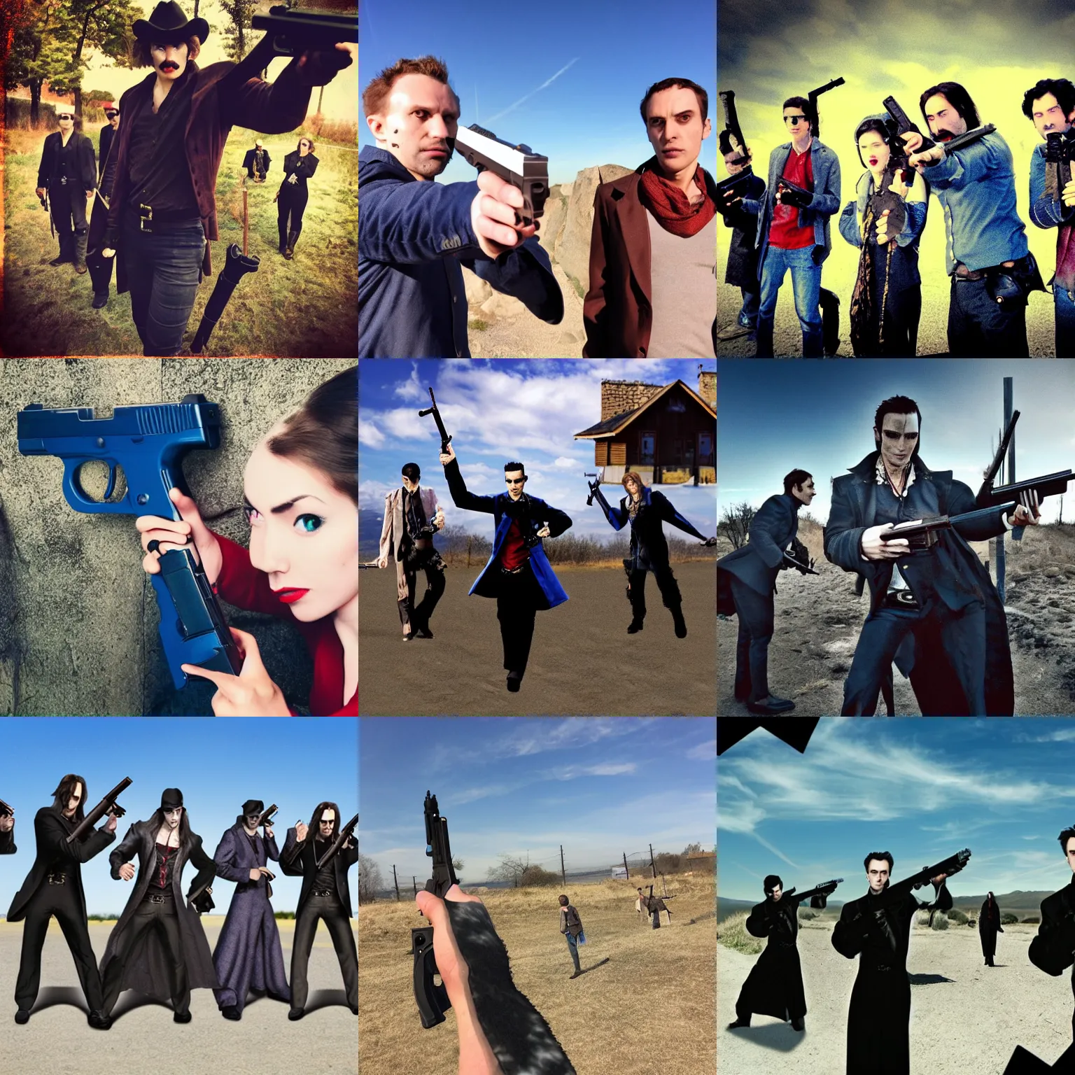 Prompt: <photo quality=hd+ mode=attention-grabbing>Vampires Holding Guns</photo><augment>Blue sky</augment>