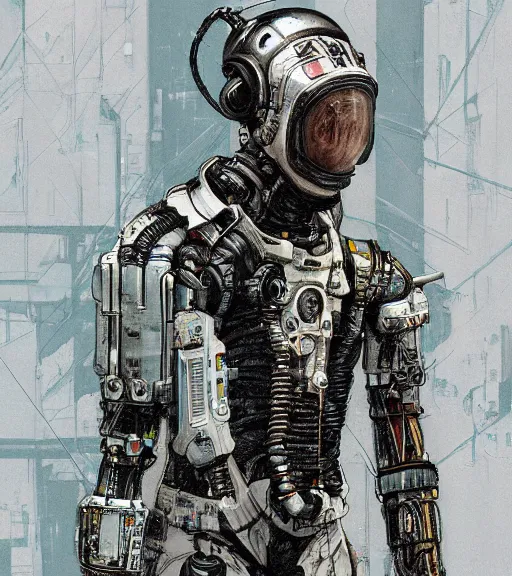 Image similar to realistic cyberpunk engineer with long limbs and a black spacesuit on a spacewalk, techwear, dead space, visible face, Industrial Scifi, detailed illustration, character portrait, by Ashley Wood and Moebius