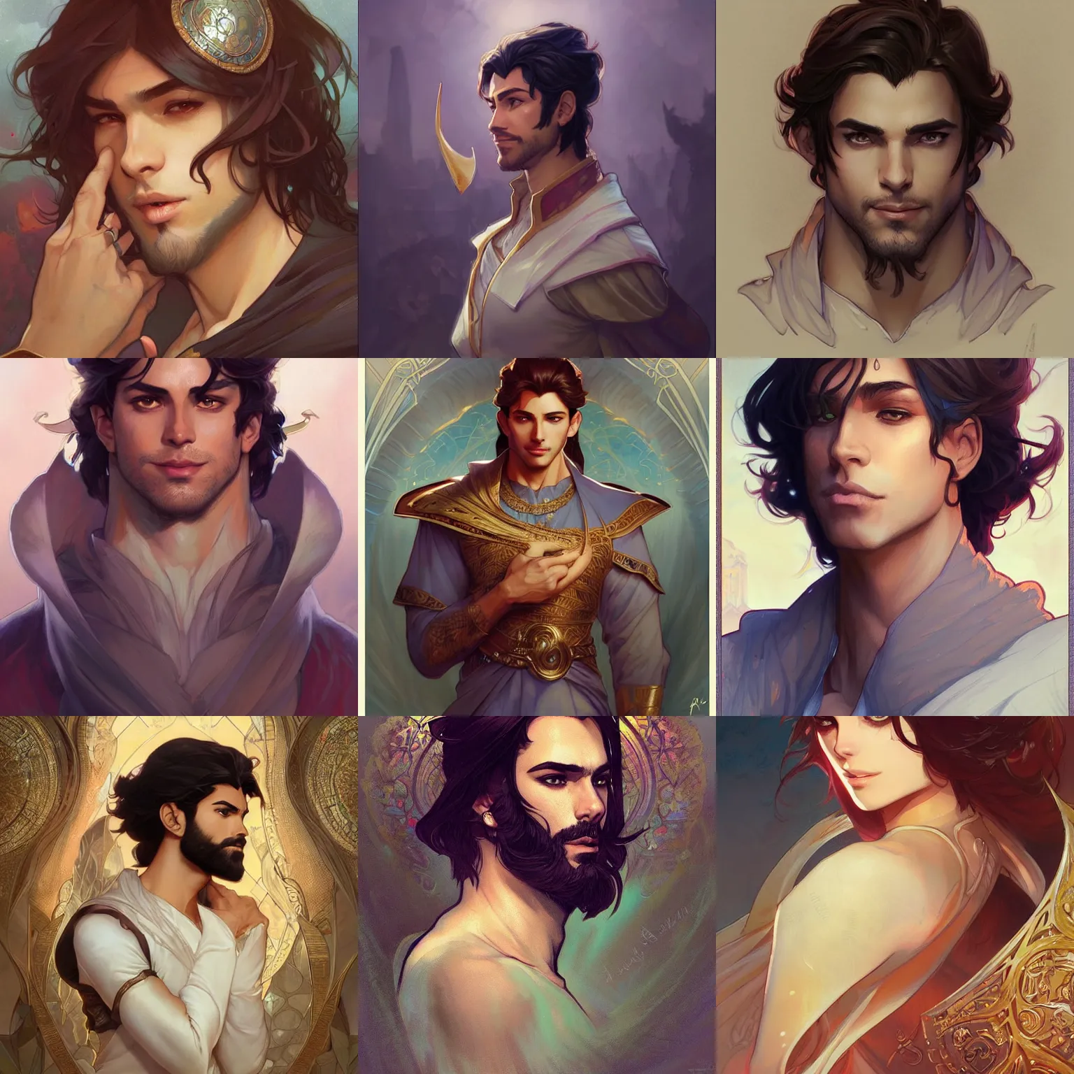 Prompt: handsome persian prince, art by artgerm and greg rutkowski and magali villeneuve and alphonse mucha and rossdraws and makoto shinkai, d & d, fantasy, portrait, highly detailed, headshot, digital painting, trending on artstation, concept art, sharp focus, illustration