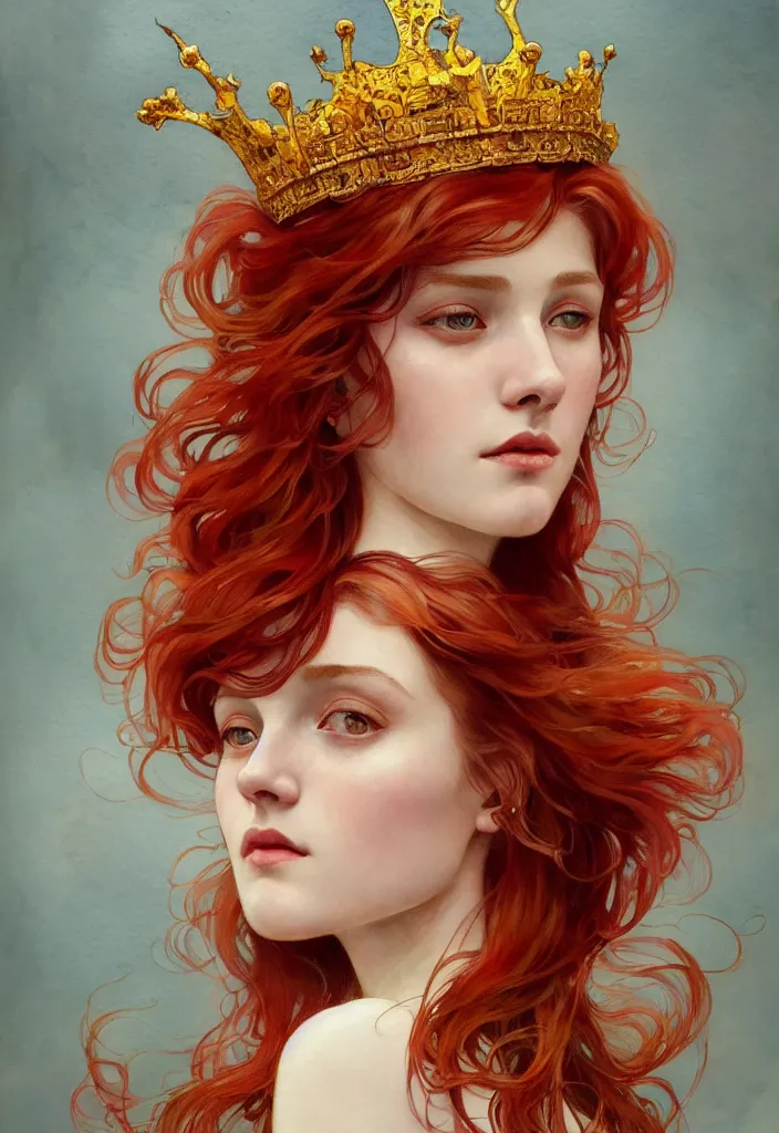 Image similar to beautiful watercolor painting of a young red hair woman wearing a crown of long golden fish, intricate, elegant, highly detailed, digital painting, artstation, concept art, smooth, sharp focus, art by krenz cushart and artem demura and alphonse mucha, dynamic lighting, full body shot, ultrarealistic, cinematic, octane render, 8 k