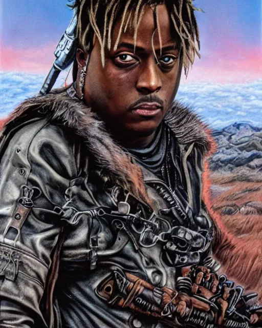 Image similar to juice wrld in dystopian raider mad max post apocalpytic, airbrush, drew struzan illustration art, key art, movie poster