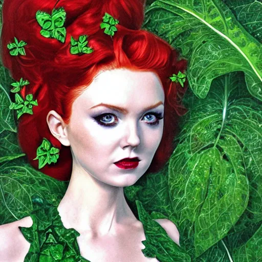 Image similar to portrait of lily cole as poison ivy, wearing a green dress and floral growths, epic details by alex ross