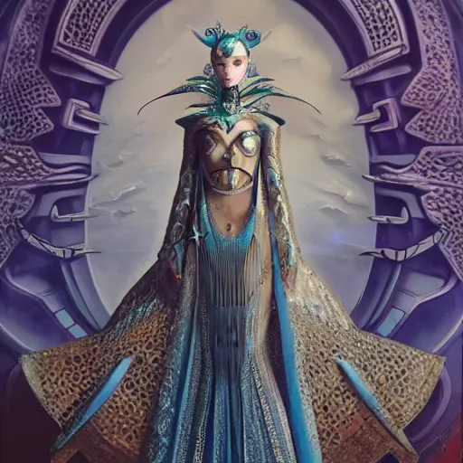 Image similar to a beautiful arabian woman wearing a futuristic dress by alexander mcqueen, thom browne, karol bak, ayami kojima, artgerm, arabian beauty, blue eyes, smile, concept art, fantasy