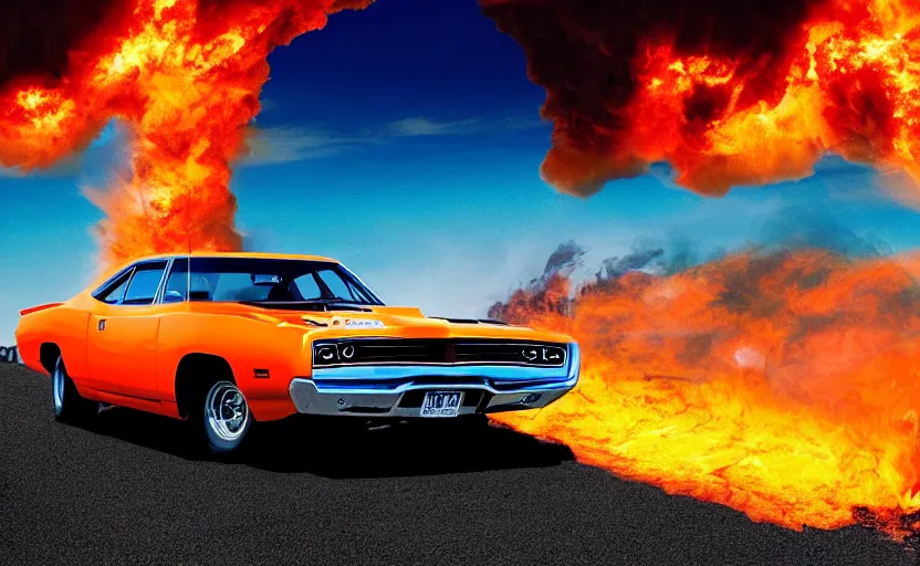 Prompt: a orange 1 9 7 0 plymouth road runner superbird driving high speed, fire explosion in the background, action scen. blue sky realistic. high resolution. dramatic