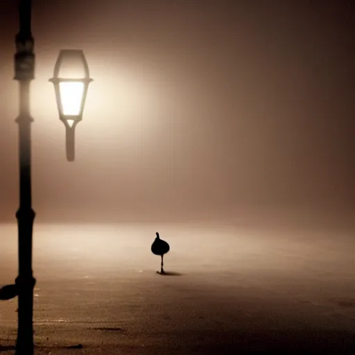 Image similar to a lonely duck under a street light, fog, still from a movie by bong joon - ho