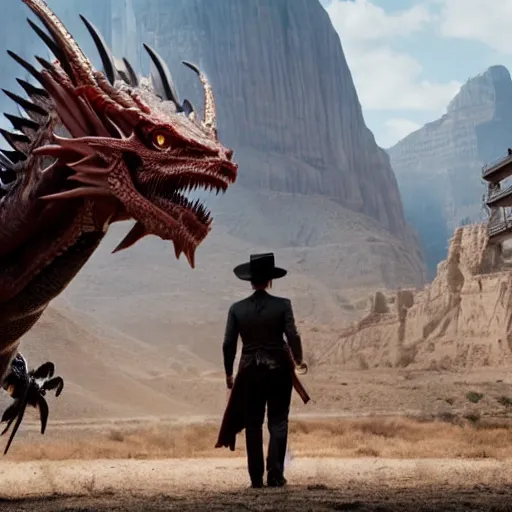 Prompt: cinematic still of westworld, evil dragon machine, highly detailed