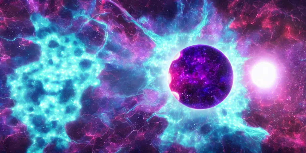 Prompt: A tumultuously ferocious pulsating bulging star corrupting the foreseeable universe, emancipating various forms of digital life forms made of purple goop and dark blue ooze, translating dark matter into corruption, trending on artstation, artstation futurism, artstation photography, 4k, 8k
