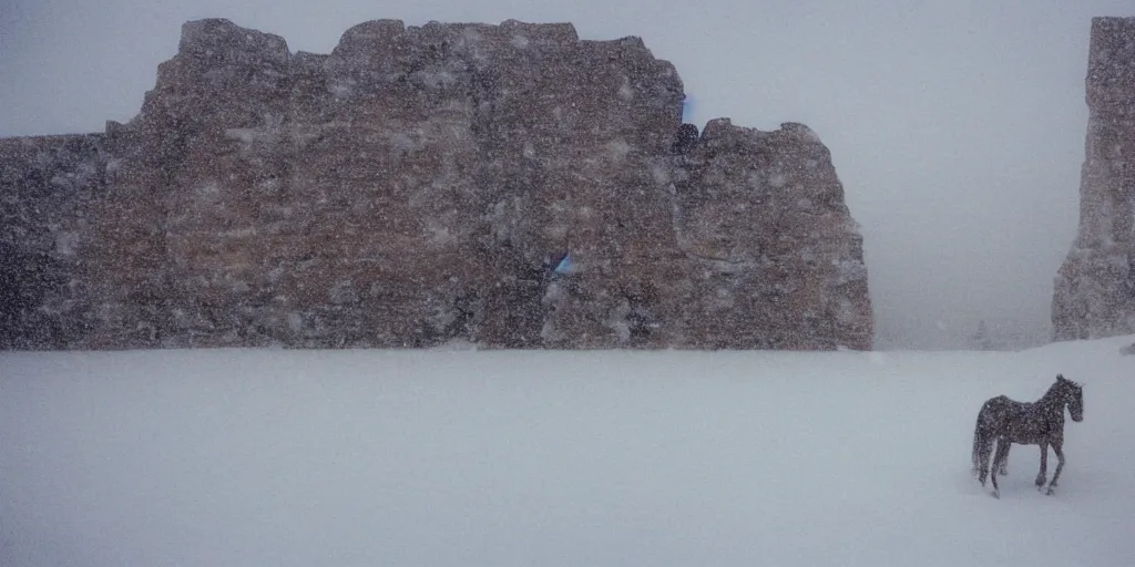 Image similar to photo of green river, wyoming, native american cliff dwellings, covered in ice and snow, during a snowstorm. a horse appears as a hazy silhouette in the distance. cold color temperature. blue hour morning light, snow storm. hazy atmosphere. humidity haze. kodak ektachrome, greenish expired film, award winning, low contrast.