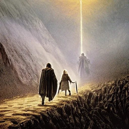 Image similar to A scene from The Lord of the Rings, with Frodo and Sam walking through Mordor. The colors are very dark and ominous, and the composition is very simple. This is an illustration, done in a traditional painting style with a focus on light and shadow. The artist is Alan Lee, and the artwork is called The Journey