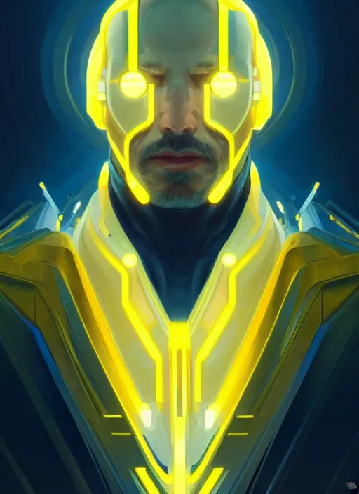 Image similar to symmetry!! portrait of a strong man, sci - fi, tech wear, blue and yellow glowing lights!! intricate, elegant, highly detailed, digital painting, artstation, concept art, smooth, sharp focus, illustration, art by artgerm and greg rutkowski and alphonse mucha