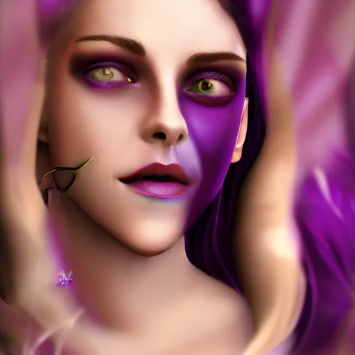 Image similar to Purple skinned Kristen Stewart as a smiling Elf wizard smooth purple skin!, + purple skin Photorealistic digital art trending on artstation, artgem, 4k HD.