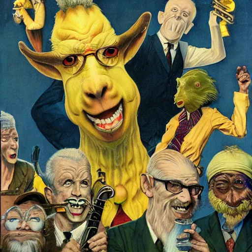 Prompt: lemon headed goat man singing jazz, ultra detailed, style of norman rockwell, style of richard corben, 4 k, rule of thirds.