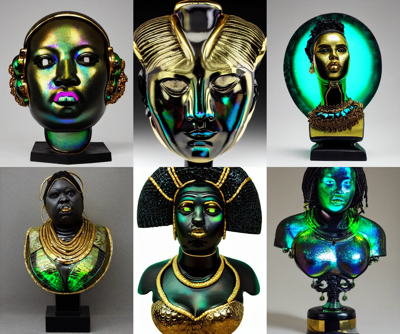 Prompt: intricate slightly iridescent and tanslucent realistic bust of futuristic obese angry beautiful cyborg black girl empress, glass and gold and jade, caustics, soft light