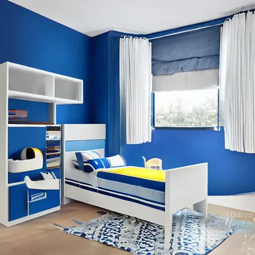 Prompt: award-winning blue and white modern boy's room catalog photo. single bed. A single window illuminates the bed and the desk.