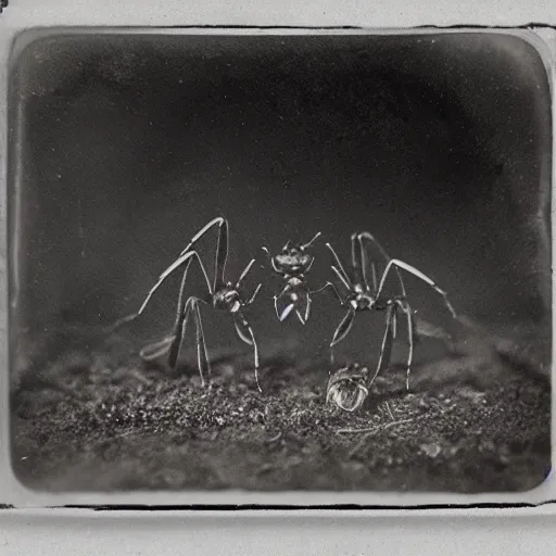 Prompt: tintype photo, underwater, two ants fighting