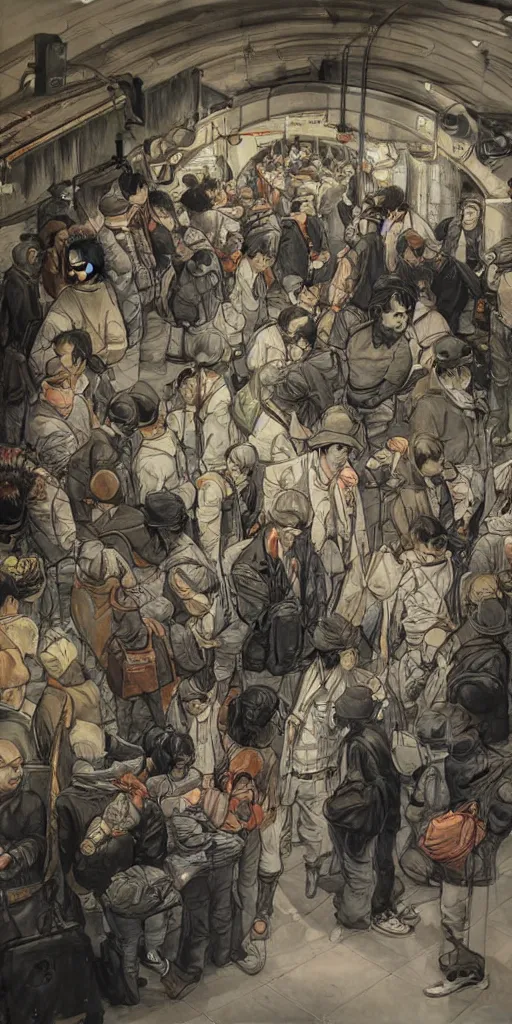 Image similar to oil painting scene from subway station by kim jung gi