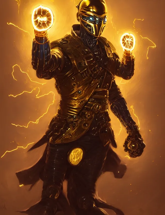 Image similar to a masked cyberpunk warrior in golden armour with a glowing golden gauntlet, surrounded by crackling golden lightning and energy, by frank fazetta and peter mohrbacher, trending on artstation, digital art, 4 k resolution, detailed, high quality, sharp focus, hq artwork, coherent, insane detail, concept art, character concept, character full body portrait