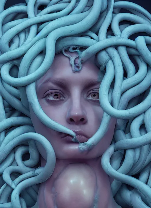 Prompt: medusa made of soft wax, wooden art nouveau swirls, strong subsurface scattering, cables, translucent tubes, subsurface scattering, in the style of ruan jia and beeple and giger, subsurface scattering, mystical colors, rim light, dramatic lighting, 8 k, stunning scene, raytracing, octane render, trending on artstation