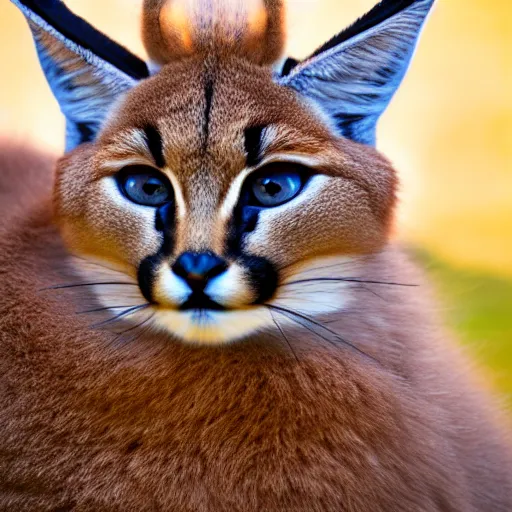 Image similar to a photo of cute fluffy caracal wearing toga, close up portrait, studio photography, 8 k