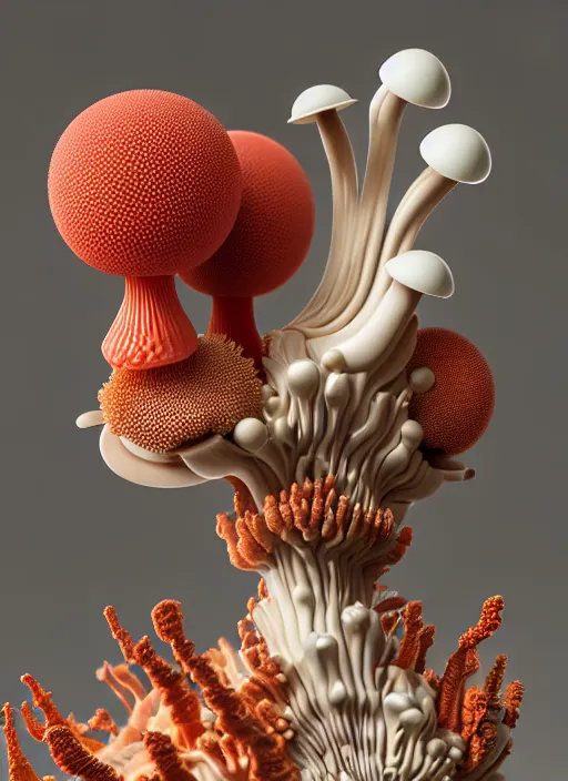 Image similar to perfume bottle surrounded by ivory room well contoured smooth fair walls, up close shot, sharp focus, global illumination, radiant light, biomechanical black corals decor made of corals, mushrooms, puffballs, rhizomorphs, alexandre ferra white mecha, irakli nadar, octane highly render, 4 k, ultra hd,