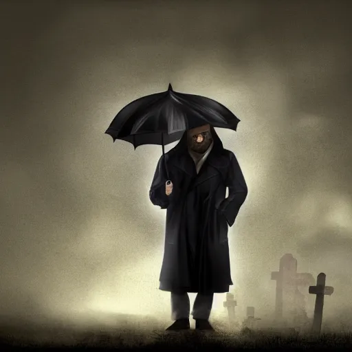 Prompt: A burly man wearing a trench coat holding a black umbrella standing in front of a grave,gloomy lighting , digital art , highly detailed , high contrast, beautiful lighting, award winning , trending on art station, 8k