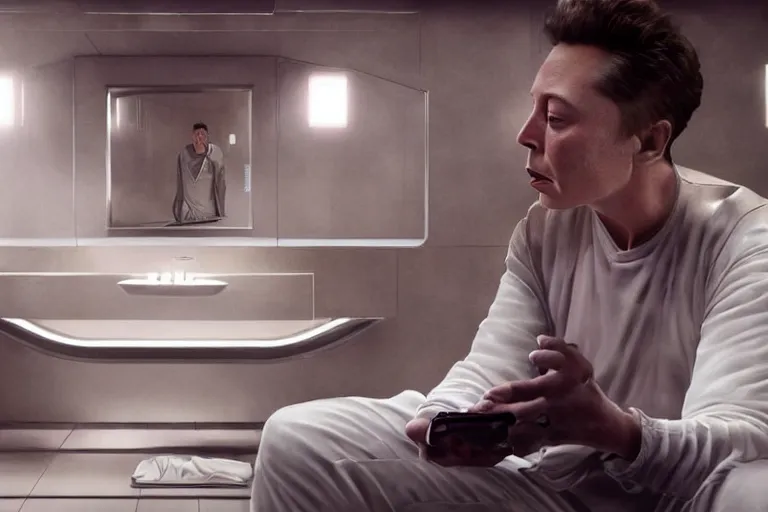 Image similar to hyperrealism aesthetic ridley scott and denis villeneuve style photography of a detailed hyperrealism elon musk, siting on a detailed futuristic toilet and scrolling his smartphone in hyperrealism scene from detailed art house movie in style of alejandro jodorowsky and wes anderson